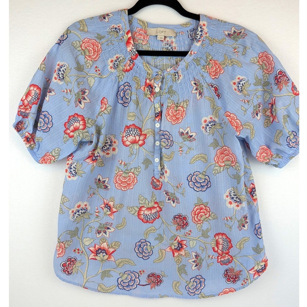 LOFT Blue Floral Dobby Stripe Smocked Puff Sleeve Blouse Top Medium Bundle of 2 - Picture 2 of 16